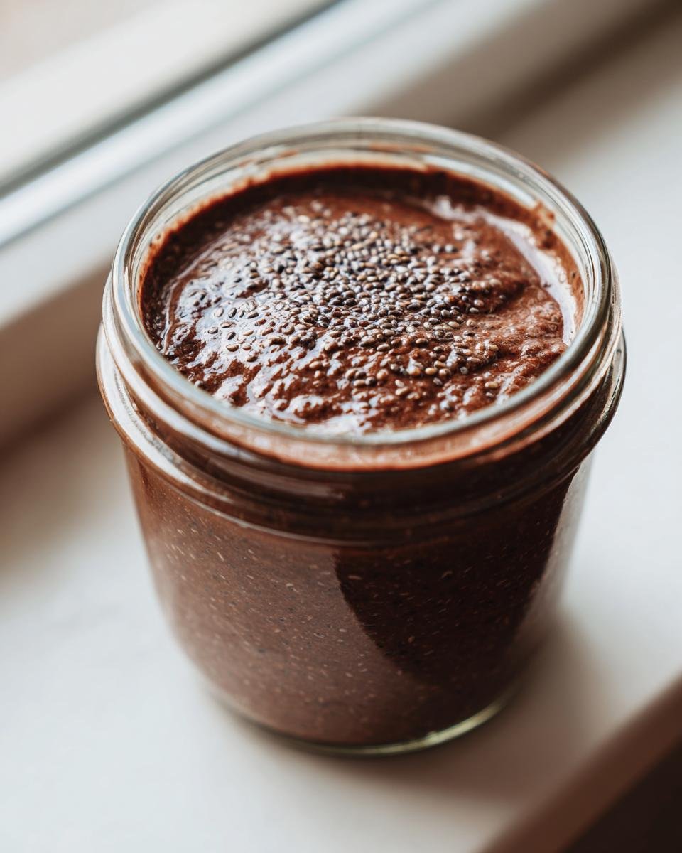 Close-up of Chocolate Protein Overnight Oats topped with chia seeds in a glass jar.