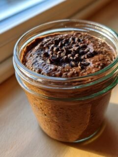 Close-up of Chocolate Protein Overnight Oats topped with mini chocolate chips in a glass jar.