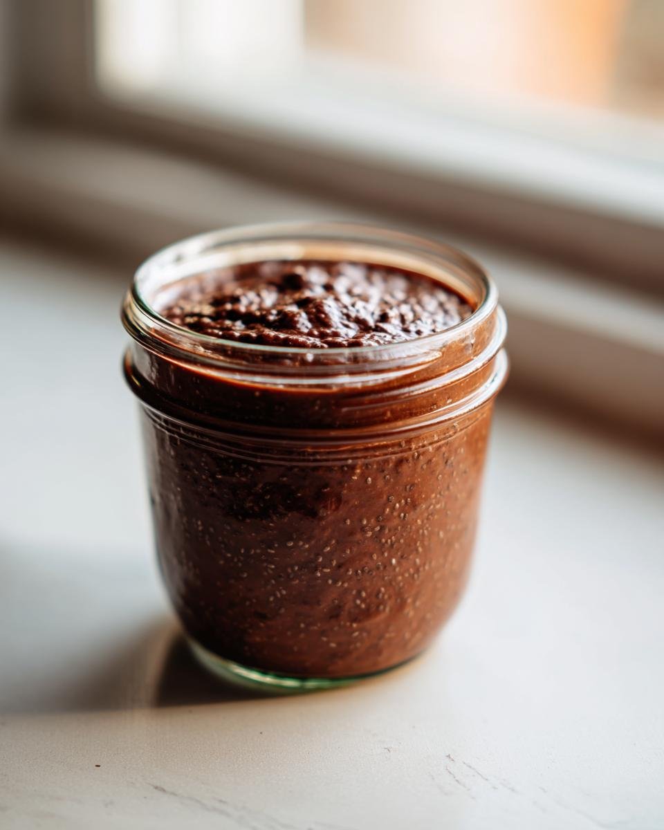 Close-up of Chocolate Protein Overnight Oats mixture with chia seeds in a glass jar.