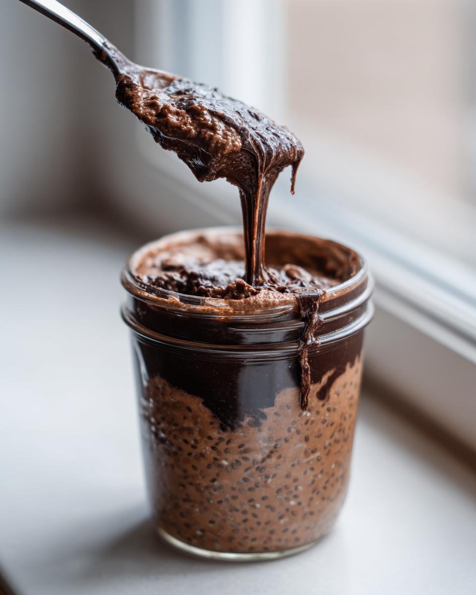 A spoonful of thick, rich Chocolate Protein Overnight Oats is lifted from a glass jar, showing a gooey texture.