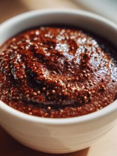 Close-up of rich, dark Chocolate Protein Pudding topped with visible chia seeds in a white bowl.