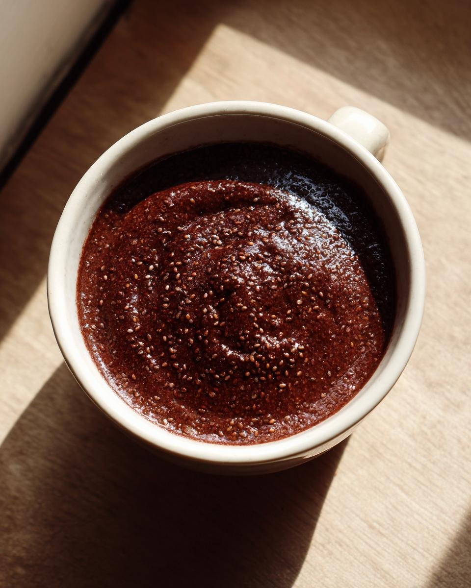 Overhead view of rich Chocolate Protein Pudding with visible chia seeds in a white mug.