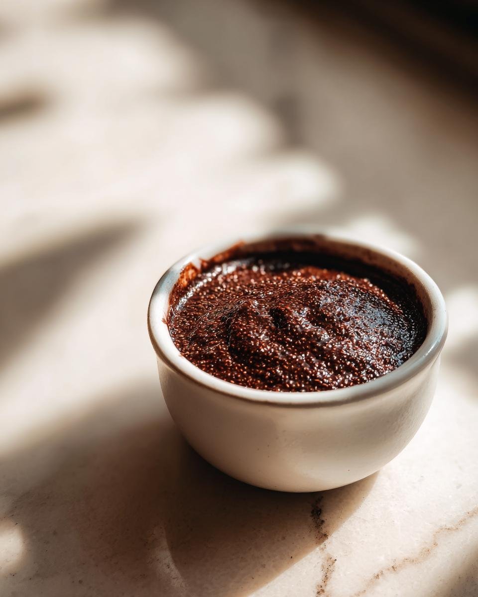 A small white bowl filled with thick, dark Chocolate Protein Pudding, set against a bright, marbled surface.