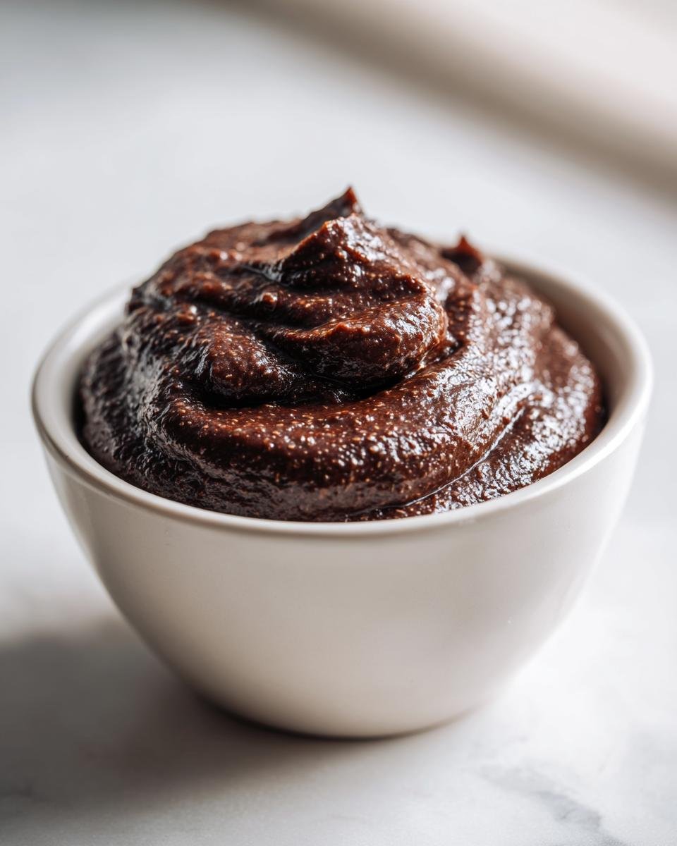 A close-up of thick, rich Chocolate Protein Pudding swirled high in a small white bowl.