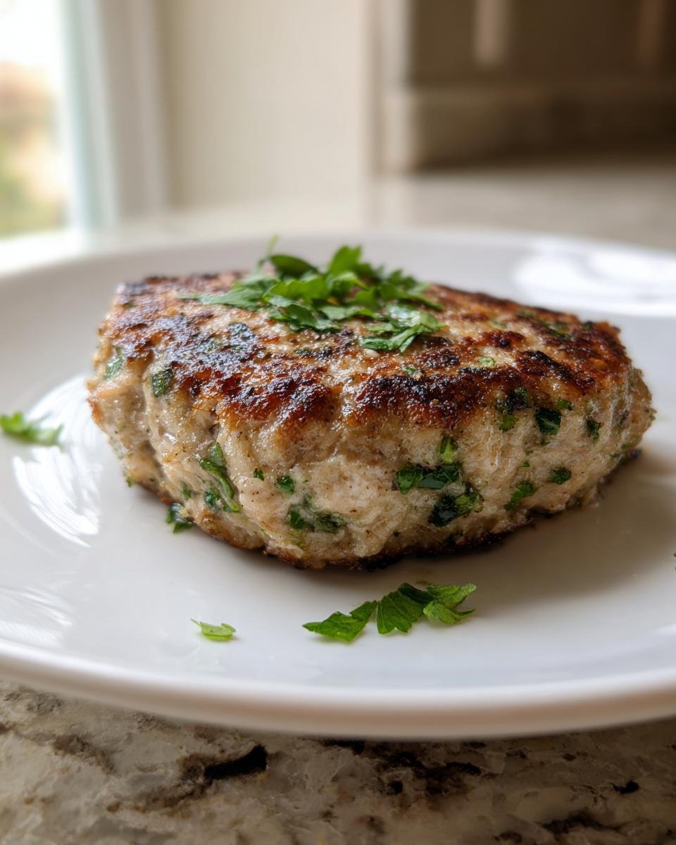A perfectly seared, thick Cilantro Lime Turkey Burger Paleo patty topped with fresh green herbs on a white plate.