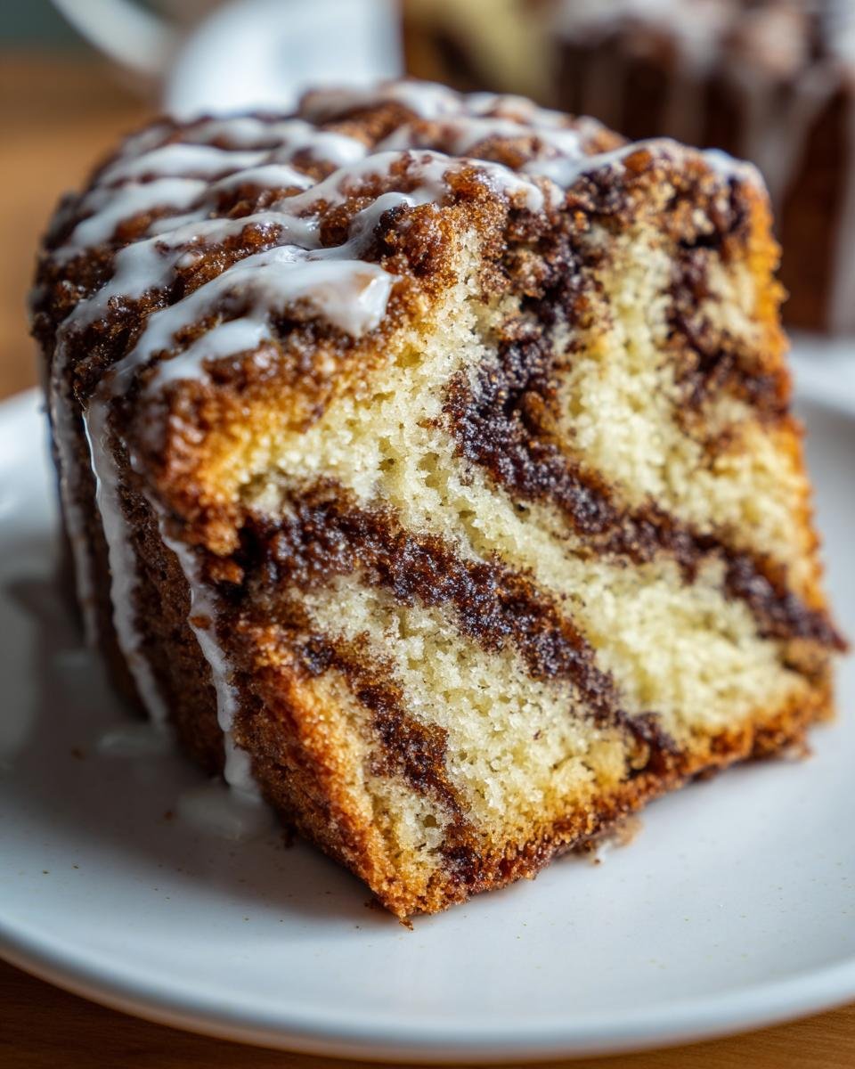 Close-up of a moist slice of Cinnamon Roll Coffee Cake Paleo showing a rich swirl of cinnamon filling and white icing drizzle.