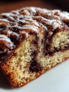 Close-up of a moist slice of Cinnamon Roll Coffee Cake Paleo with a rich cinnamon swirl and white icing drizzle.
