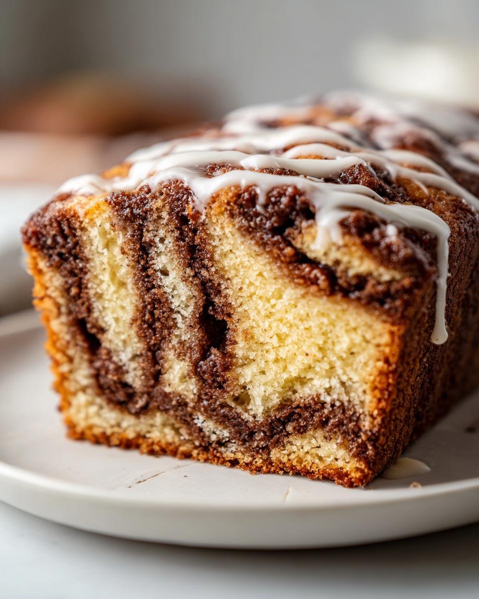 Close-up of a slice of Cinnamon Roll Coffee Cake Paleo loaf showing the marbled cinnamon swirl and white glaze.