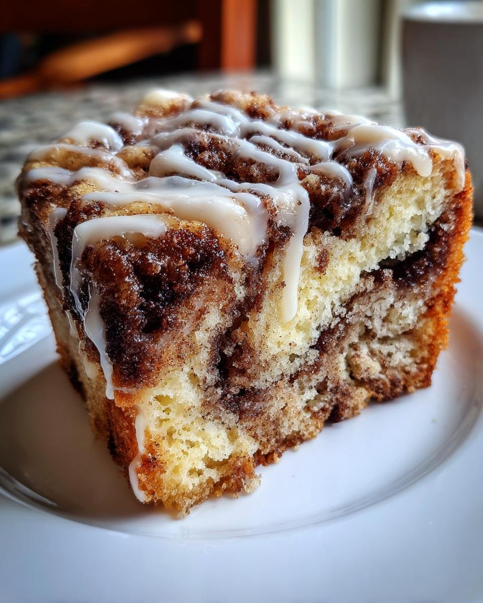 Close-up of a slice of Cinnamon Roll Coffee Cake Paleo, showing marbled cinnamon swirl and drizzled white icing.