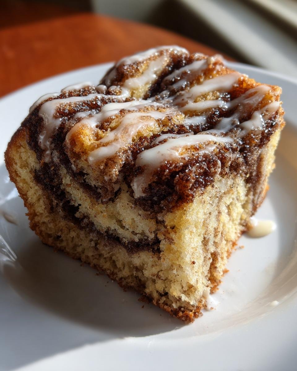 A close-up of a single slice of Cinnamon Roll Coffee Cake Paleo with cinnamon swirl and white glaze.