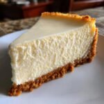 Close-up of a creamy slice of Classic Dairy Free Cheesecake with a thick graham cracker crust.