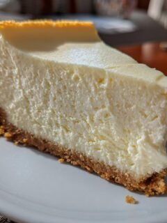 A perfect slice of Classic Dairy Free Cheesecake with a thick graham cracker crust, served on a white plate.