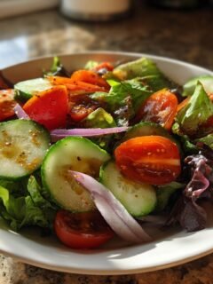 A fresh bowl featuring the Classic House Salad Recipe with mixed greens, cucumber slices, cherry tomatoes, and red onion, lightly dressed.