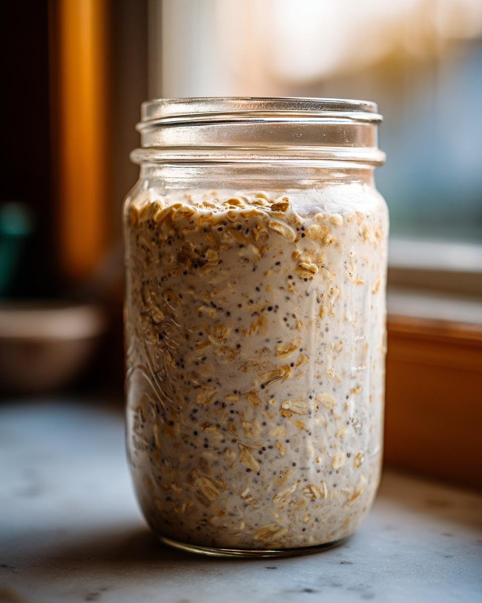 Close-up of a glass jar filled with prepared Coconut Milk Overnight Oats mixed with chia seeds.