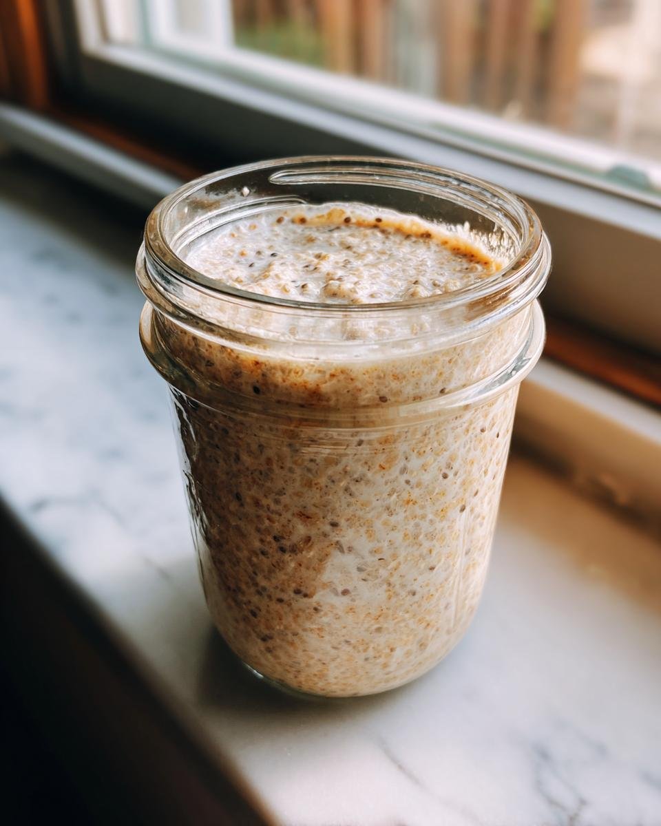 A glass jar filled with prepared Coconut Milk Overnight Oats sitting on a white marble windowsill.