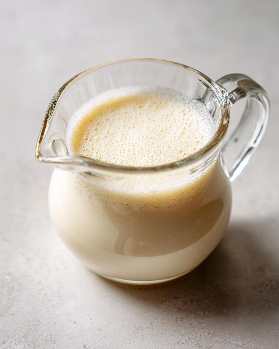 A small glass pitcher filled with creamy, emulsified Coconut Oil Salad Dressing, showing a light froth on top.