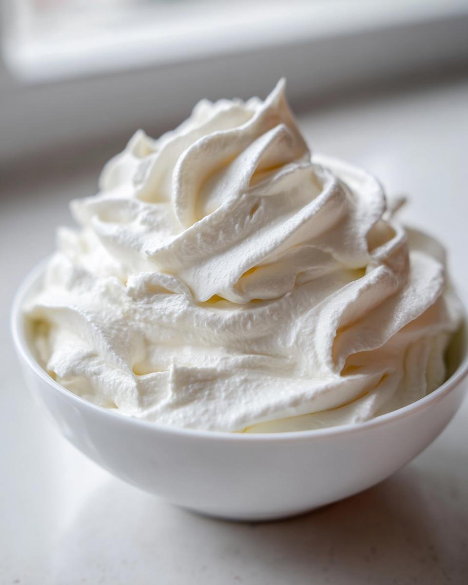 A close-up of stiffly peaked Coconut Whipped Cream piped high in a small white bowl.