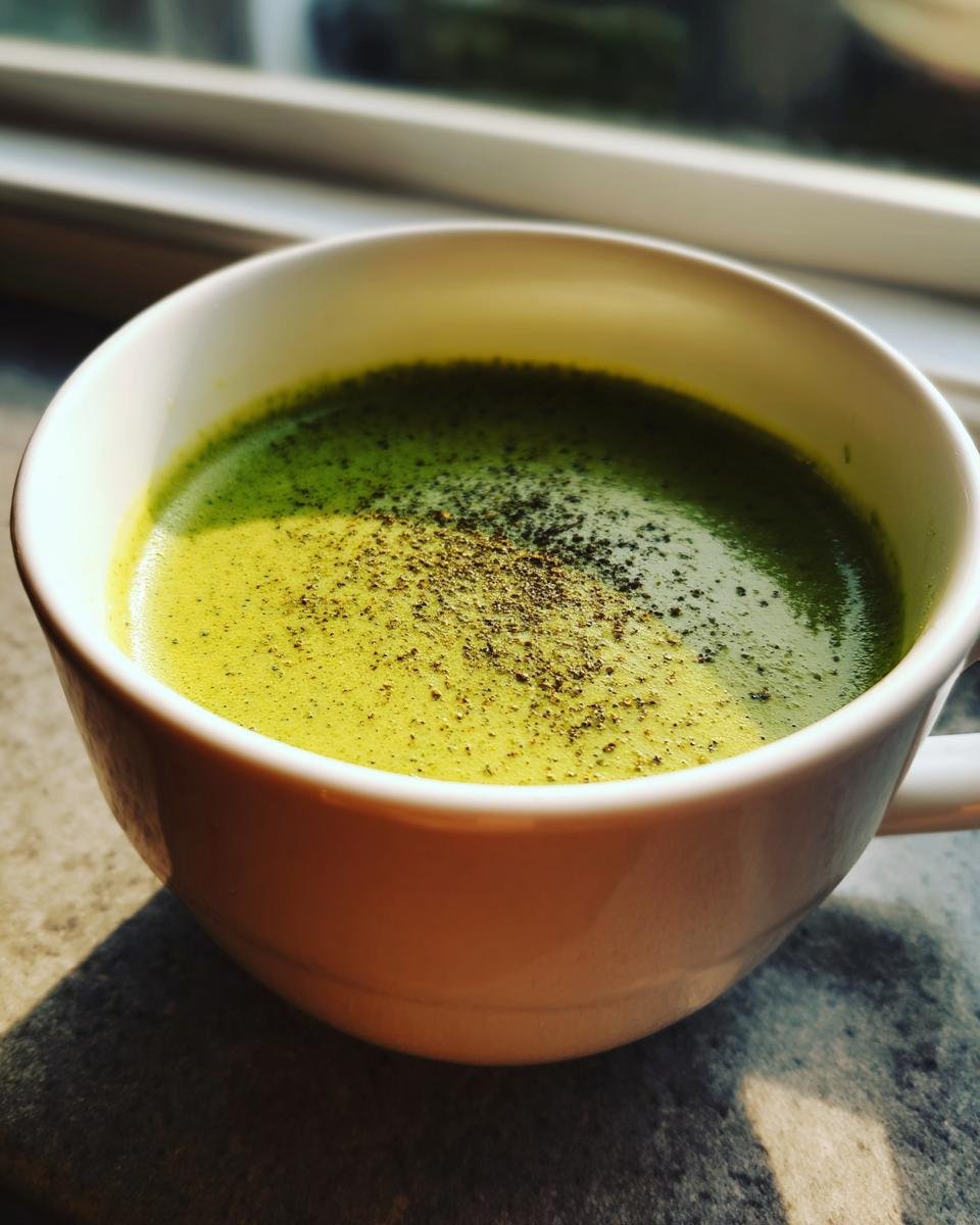 Close-up of a vibrant green, creamy liquid, likely Creamy Broccoli Cheese Soup Paleo Whole30 Vegan, topped with dark specks in a white mug.