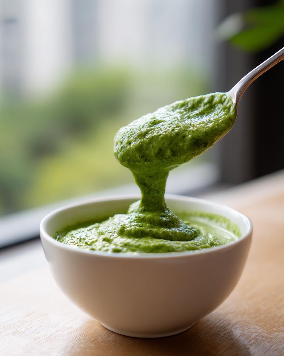 A spoonful of thick, vibrant green Creamy Broccoli Cheese Soup Paleo Whole30 Vegan being lifted from a white bowl.