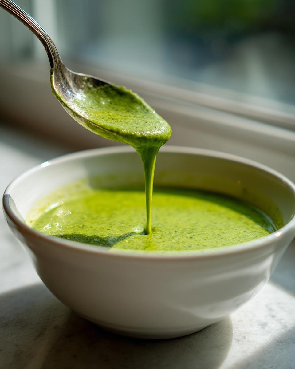 A spoonful of thick, vibrant green Creamy Broccoli Cheese Soup Paleo Whole30 Vegan dripping back into a white bowl.