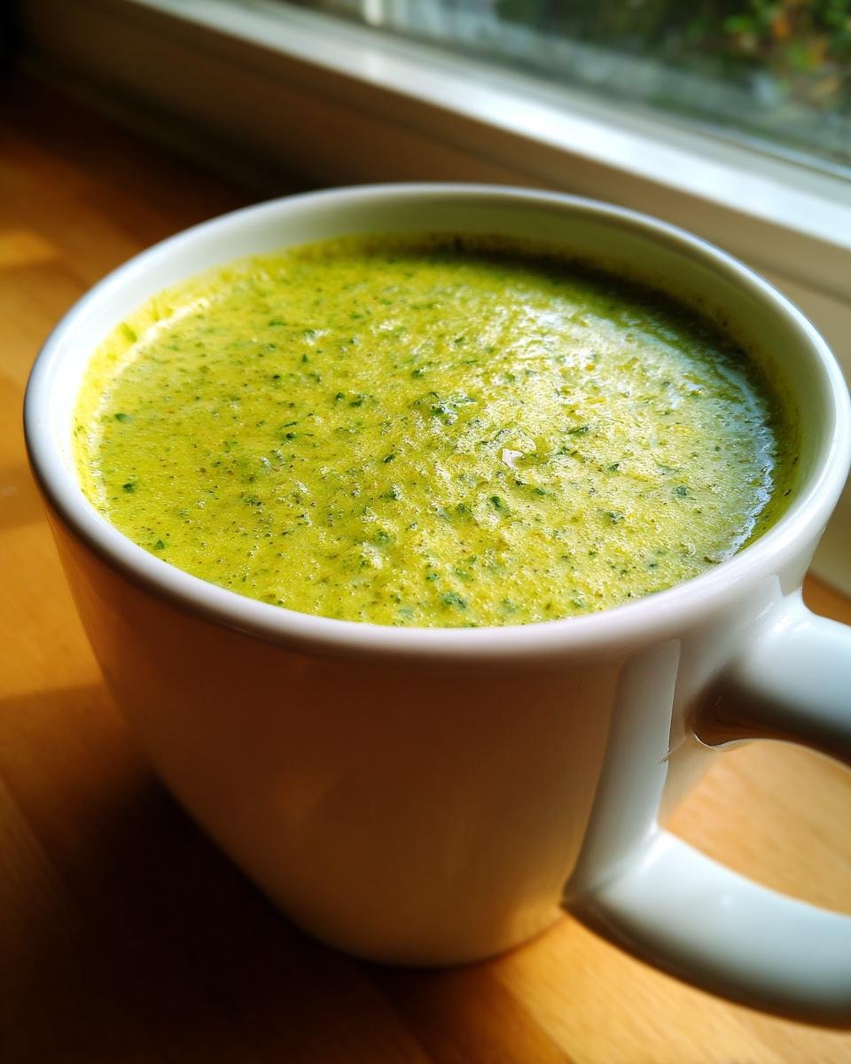 Close-up of thick, bright green Creamy Broccoli Cheese Soup Paleo Whole30 Vegan served hot in a white mug.