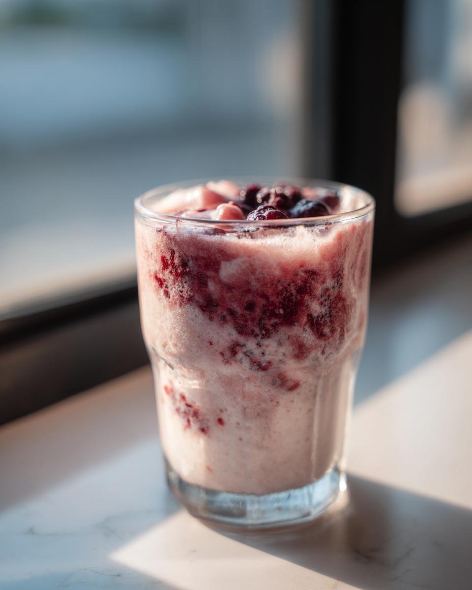 A glass of creamy Coconut Milk Smoothie swirled with dark berries, sitting in sunlight.