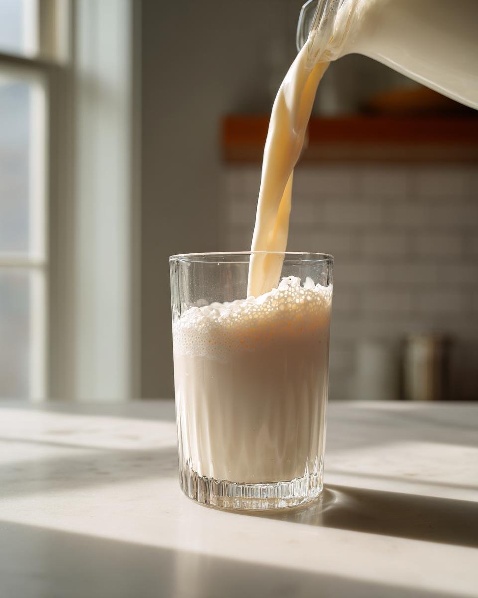 A creamy liquid, likely a Coconut Milk Smoothie, being poured from a pitcher into a textured glass, creating foam.