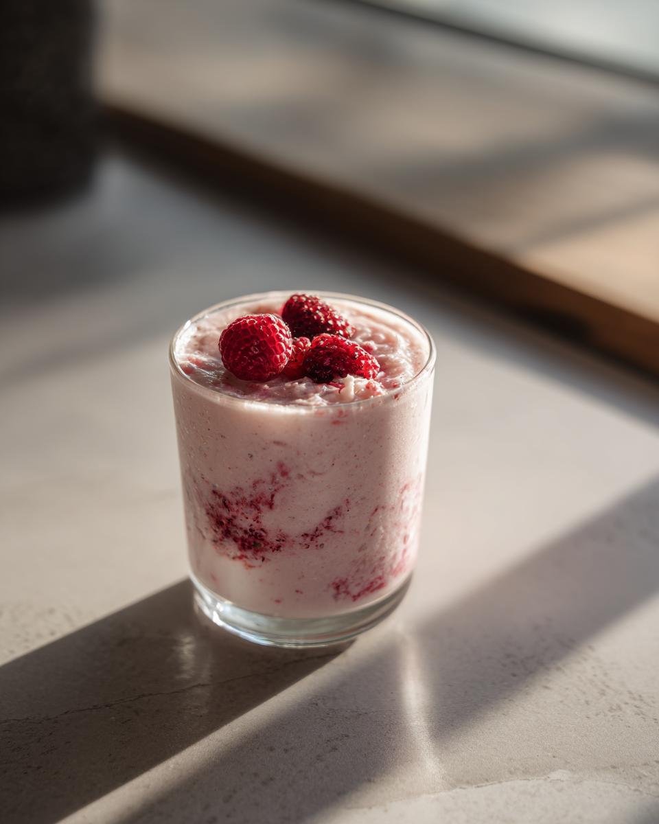 A creamy pink Coconut Milk Smoothie in a glass, topped with fresh raspberries, sitting in bright sunlight.
