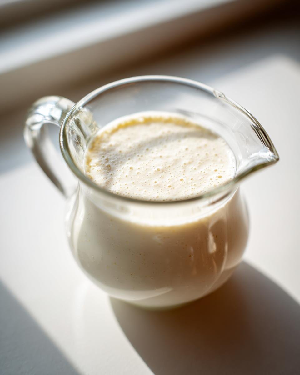 Close-up of creamy Coconut Oil Salad Dressing in a small clear glass creamer pitcher.
