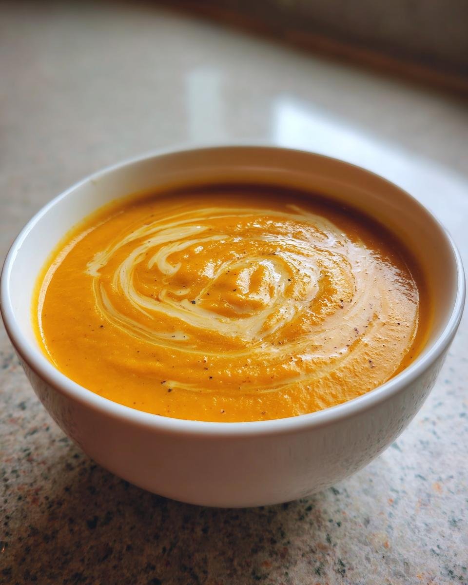 Close-up of a bowl of vibrant orange Creamy Reuben Soup, swirled with cream or sour cream.