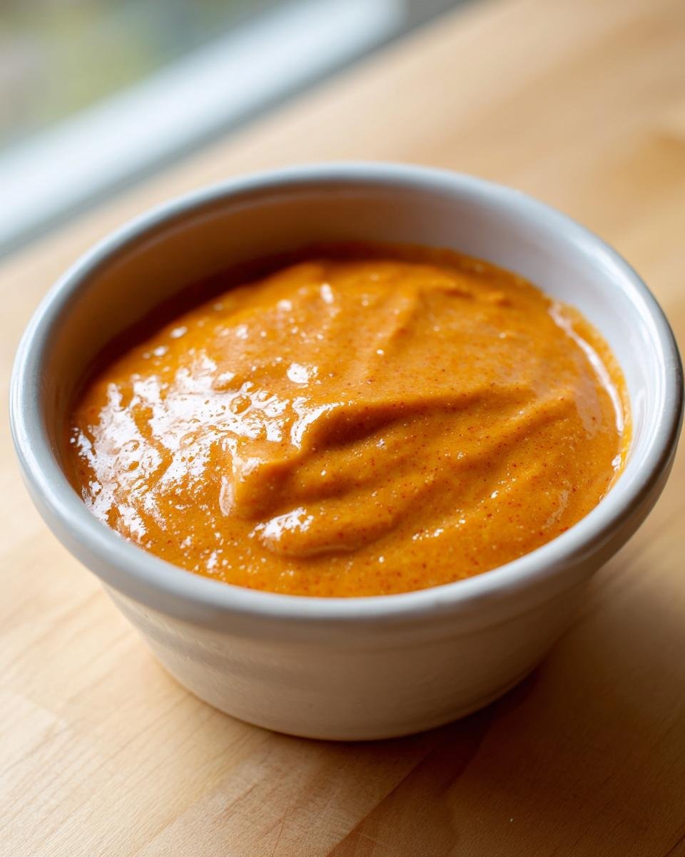 Close-up of thick, vibrant orange Southwest Salad Dressing in a small white bowl.