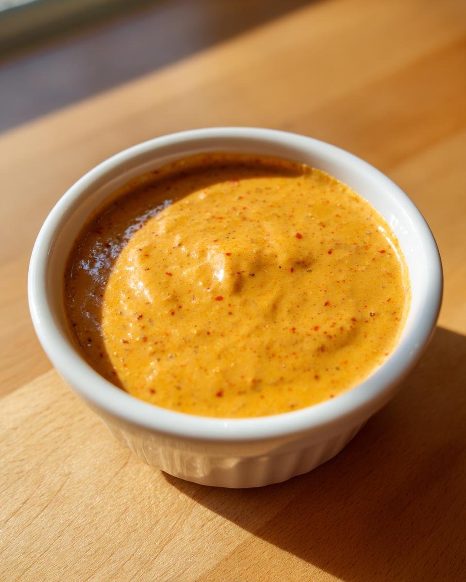 A close-up of creamy, orange-hued Southwest Salad Dressing speckled with red spices in a small white bowl.