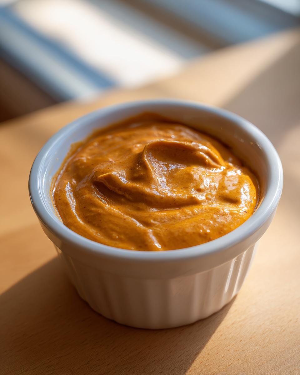 Close-up of thick, orange Southwest Salad Dressing served in a small white ramekin on a wooden surface.