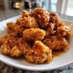 Close-up of crispy chicken pieces generously coated in shiny Orange Chicken Sauce Recipe and sprinkled with sesame seeds.
