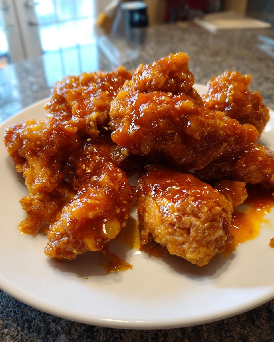 Close-up of crispy fried chicken pieces generously coated in a shiny, thick Orange Chicken Sauce Recipe glaze.