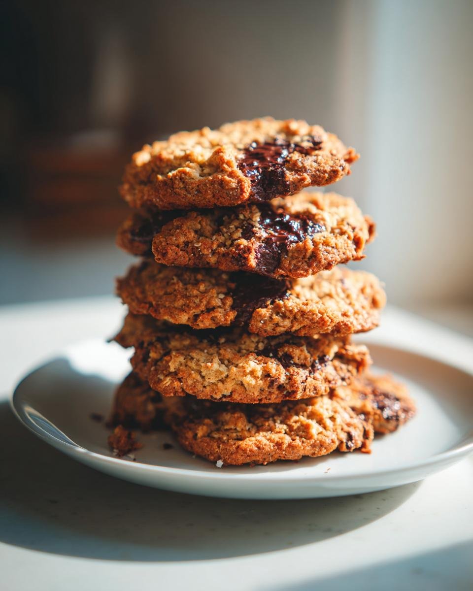 A stack of five Crispy Chocolate Oat Cookies featuring visible oats and gooey, melted chocolate chunks.