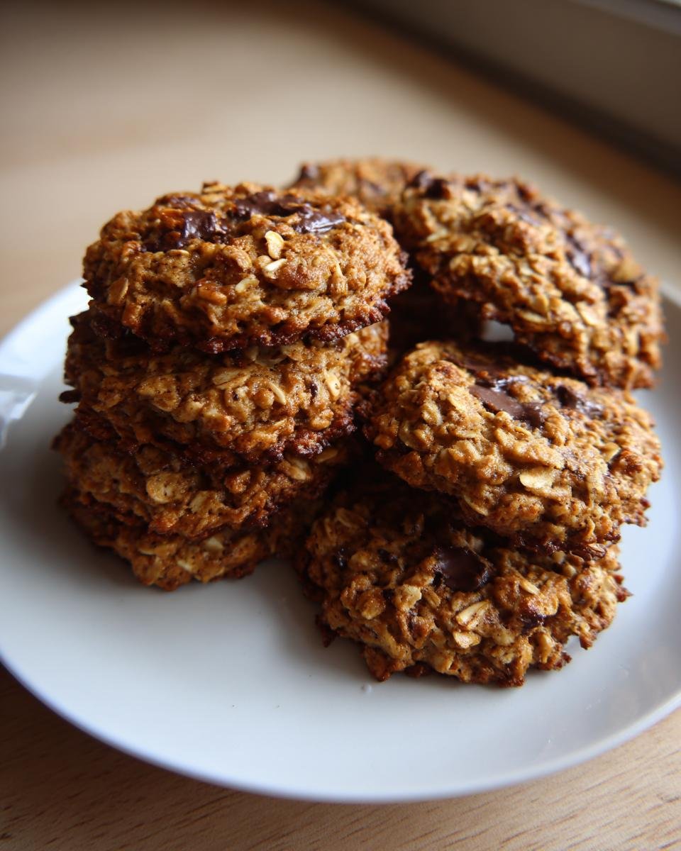 A stack of freshly baked, golden brown Crispy Chocolate Oat Cookies piled high on a white plate.