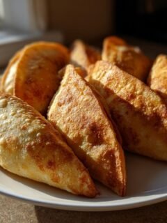 Several golden brown, crispy oven baked tacos arranged on a white plate, catching bright sunlight.