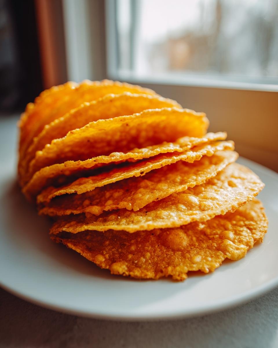 A stack of golden, crispy oven baked tacos shells resting on a white plate near a window.