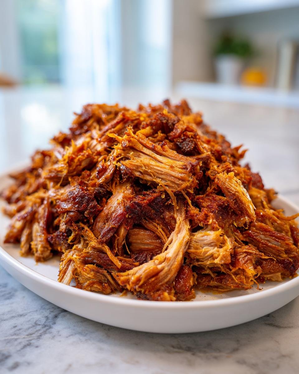 A generous pile of perfectly shredded and crispy pork carnitas served on a white plate.