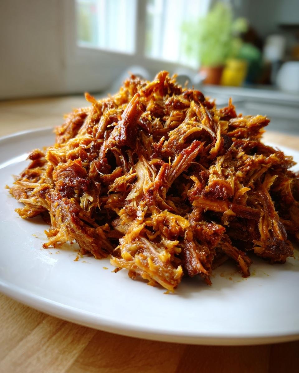 Close-up of a mound of richly seasoned, shredded Crispy Pork Carnitas piled high on a white plate.