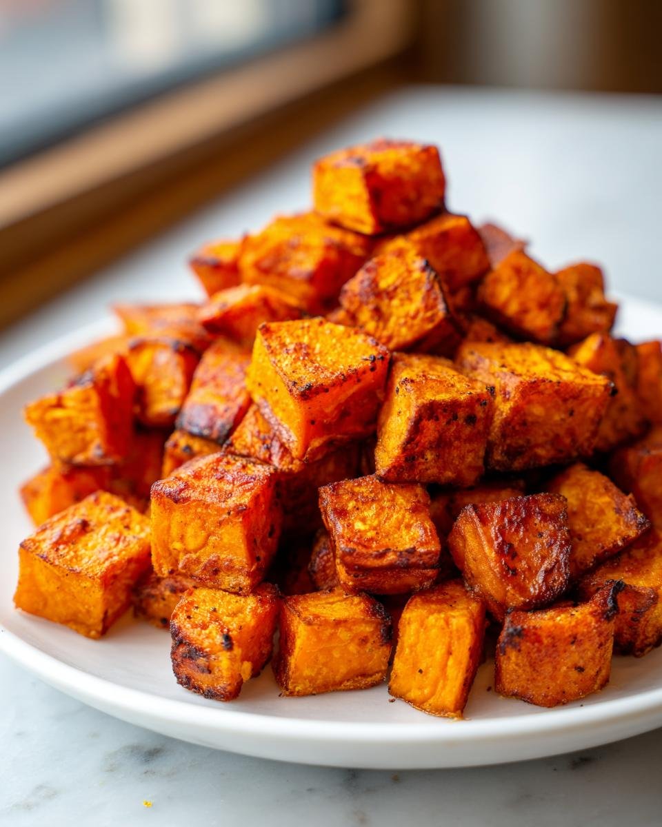 A mound of perfectly cooked, caramelized Crispy Roasted Sweet Potatoes cubes piled high on a white plate.