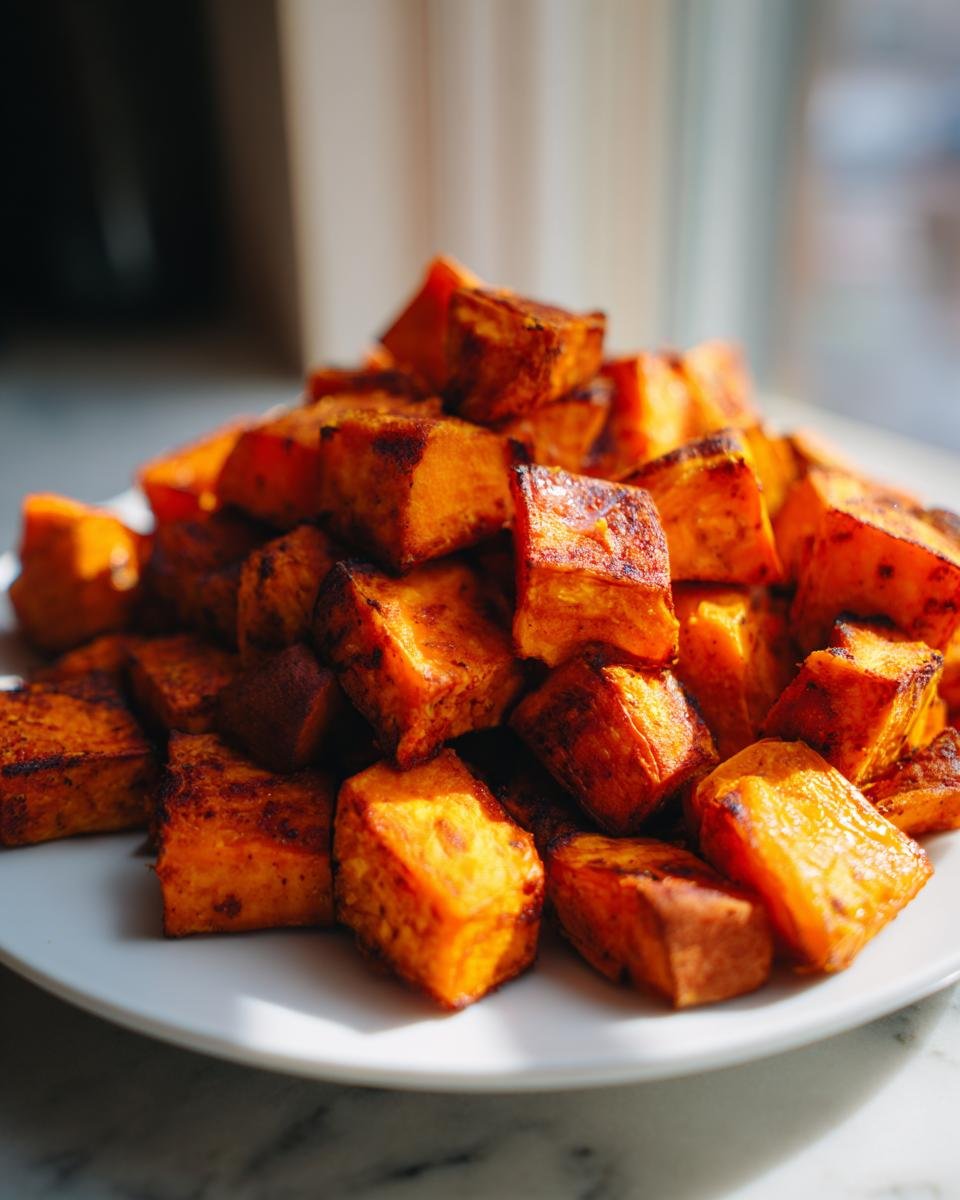 A mound of golden brown, perfectly Crispy Roasted Sweet Potatoes cubes piled high on a white plate.