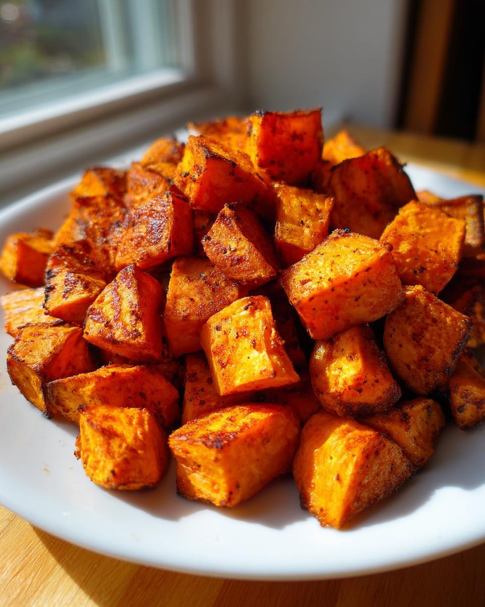 A close-up of a pile of golden brown, seasoned, Crispy Roasted Sweet Potatoes served on a white plate.
