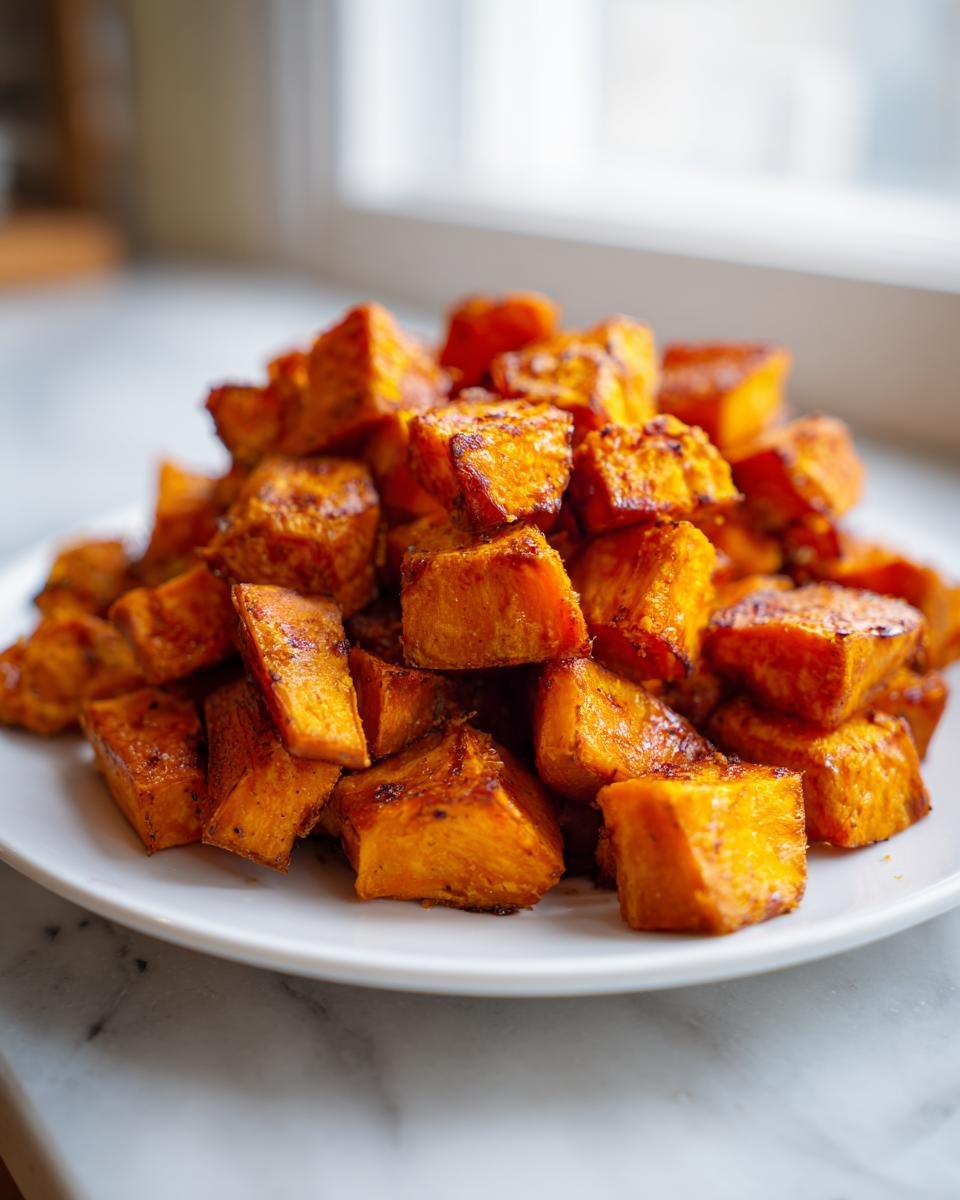 A mound of golden brown, perfectly Crispy Roasted Sweet Potatoes cubes piled high on a white plate.