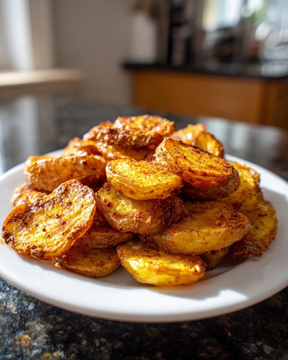 A close-up of a pile of golden brown, crispy Smashed Fingerling Potatoes seasoned with spices on a white plate.