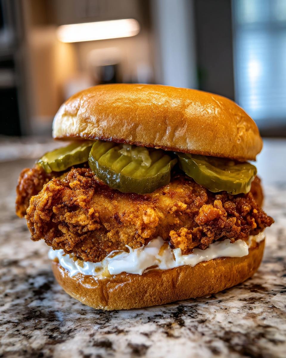 A close-up of a South Carolina Bird Dog Sandwich featuring crispy fried chicken, pickles, and white sauce on a brioche bun.