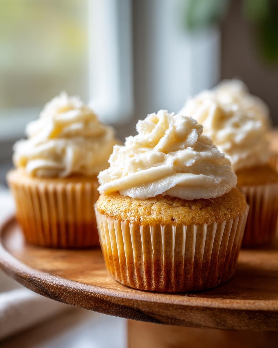 Close-up of three fluffy Dairy Free Cupcakes topped with thick, swirled vanilla frosting, displayed on a wooden stand.