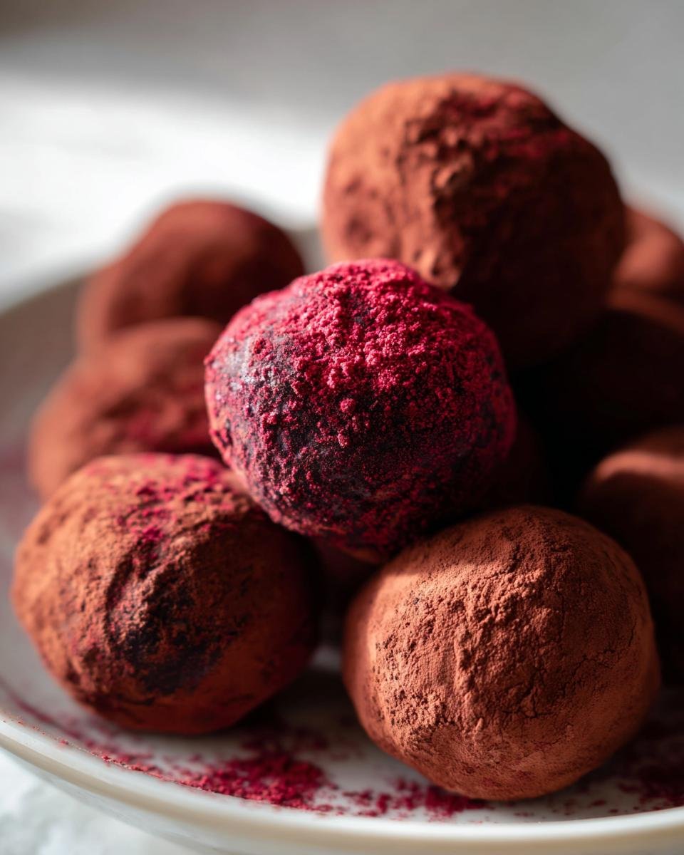 Close-up of Decadent Dark Chocolate Raspberry Truffles dusted in cocoa powder and freeze-dried raspberry powder.