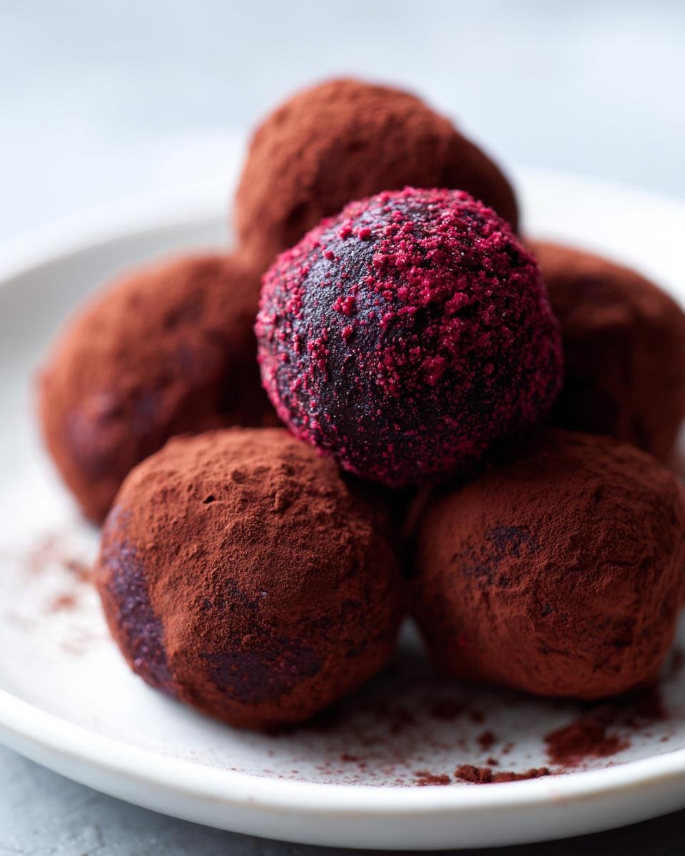 A close-up of Decadent Dark Chocolate Raspberry Truffles dusted in cocoa powder, one topped with raspberry powder.